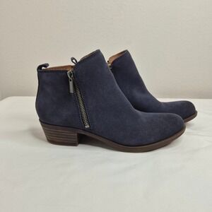 Lucky Brand Basel Navy Blue Suede Leather Ankle Booties‎ Side Zip Size 6.5M Boho